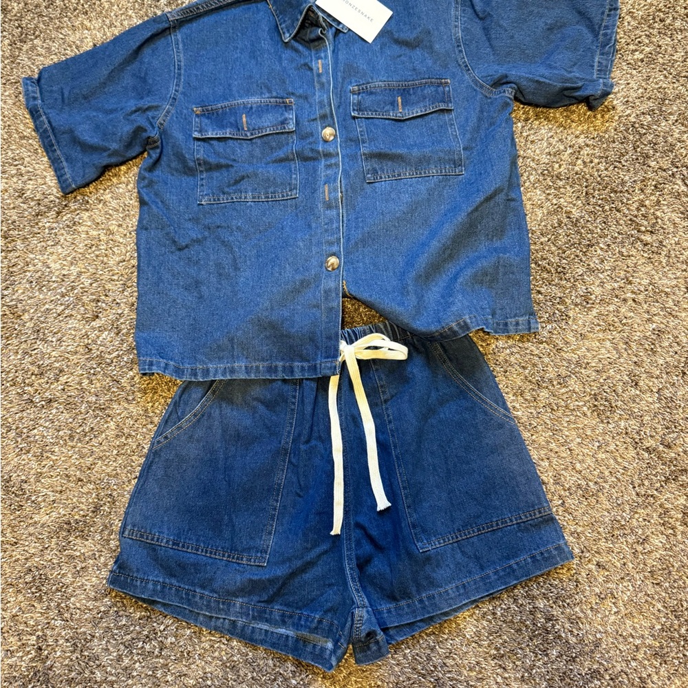 Casual Denim Drawstring Shorts Set with Short Sleeve Button-Up Top